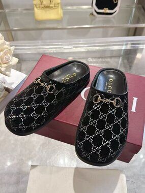 Gucci Black Velvet GG Crystal Horsebit Slip‑On Mule Clogs